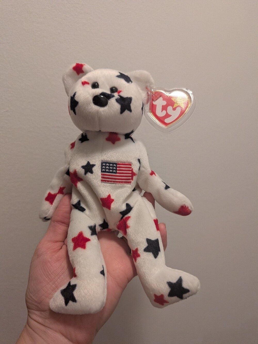 "Glory" Ty Beanie Baby Patriotic Star Plush Bear - White with Red & Navy Stars